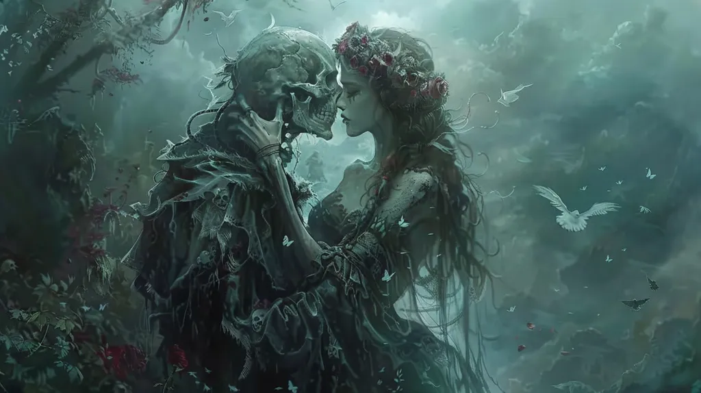 A skeletal figure, adorned with decaying foliage, embraces a woman with long, dark hair. The woman wears a crown of roses and her face is painted with a haunting beauty. The scene is shrouded in a mystical mist, and white birds and butterflies flutter around them, suggesting a sense of otherworldliness and the cycle of life and death.  The image evokes a sense of romanticism and the acceptance of mortality.
