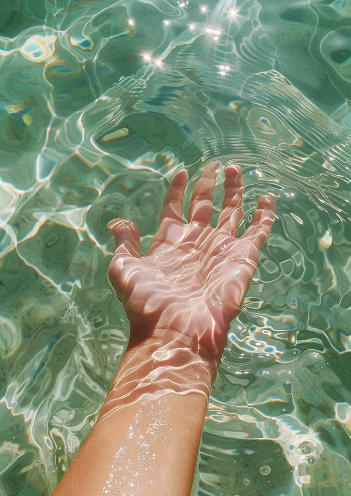 A hand reaches up from the clear, turquoise water, the surface shimmering with sunlight. The water is calm and inviting, with ripples and swirls reflecting the light. The hand is partially submerged, its skin reflecting the water's light and creating a beautiful, ethereal image.