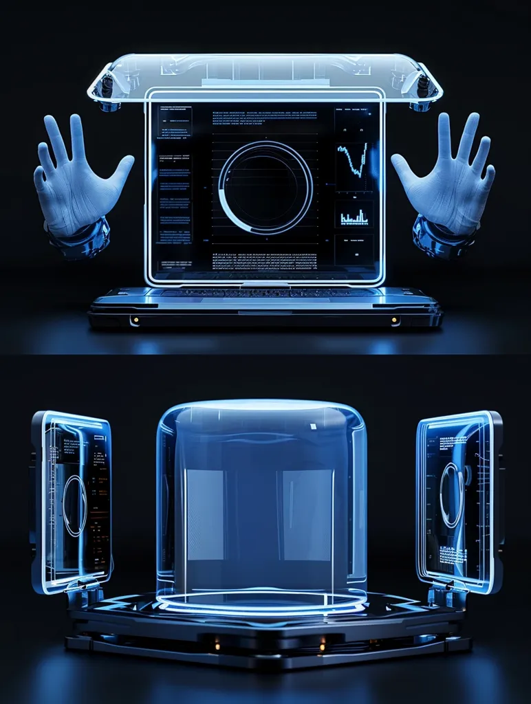 The image depicts two futuristic devices. The top image shows a laptop with transparent casing and glowing blue edges. Two robotic hands with open palms protrude from either side of the laptop. The bottom image shows a cylindrical device with a transparent casing and glowing blue edges. Two rectangular screens with glowing blue edges are attached to the device on either side.  The devices are rendered in a sleek, minimalist style, with a focus on futuristic technology and glowing lights.