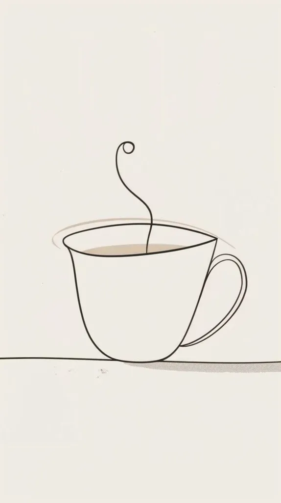 The image is a simple line drawing of a coffee cup with steam coming from it. The cup is depicted in a minimalist style, with only the outline of the cup and the steam being visible. The background is white, which makes the cup stand out even more. The image is simple but effective, and it evokes a sense of warmth and comfort. It could be used as a decorative element in a home or as a simple illustration in a book or magazine.