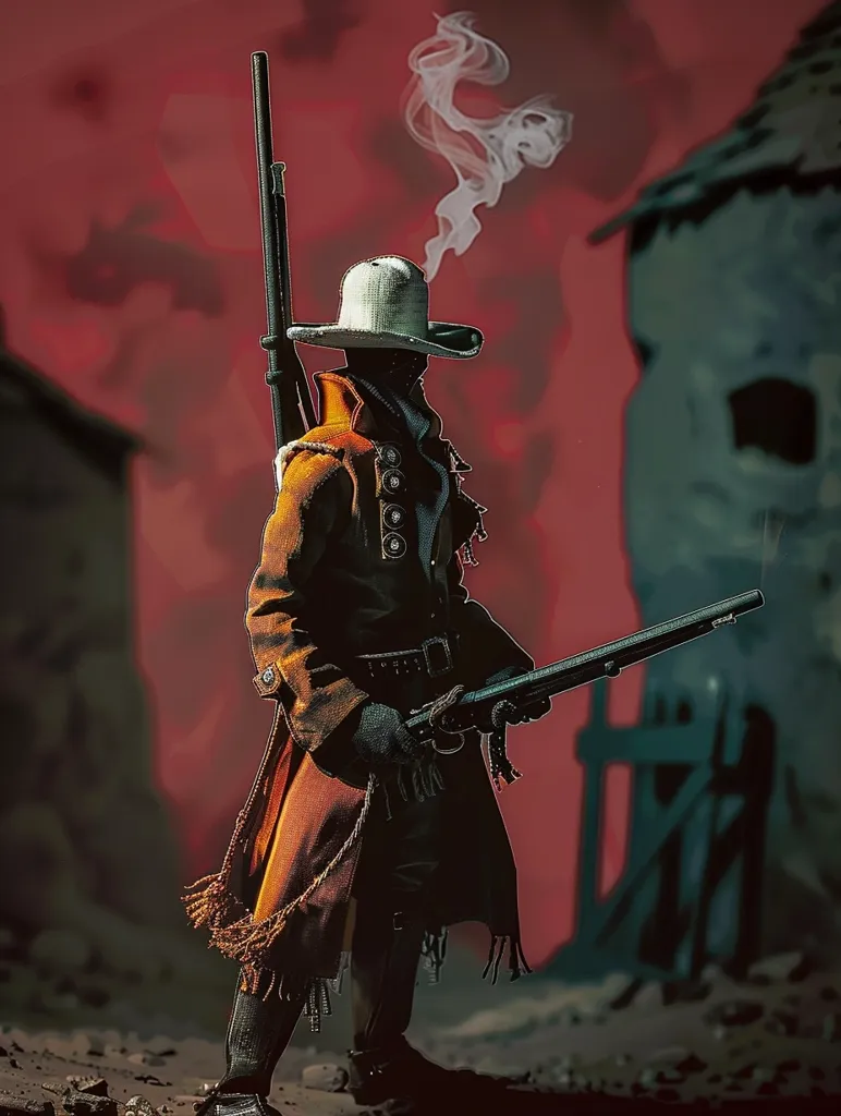 A lone figure in a long coat and a wide-brimmed hat stands with a rifle in a desolate, smoke-filled landscape. The figure's face is hidden in shadow, and they are looking off to the side. The background is a hazy red, with a dilapidated building on the right. The scene suggests a sense of danger and mystery, hinting at a story of the American West.