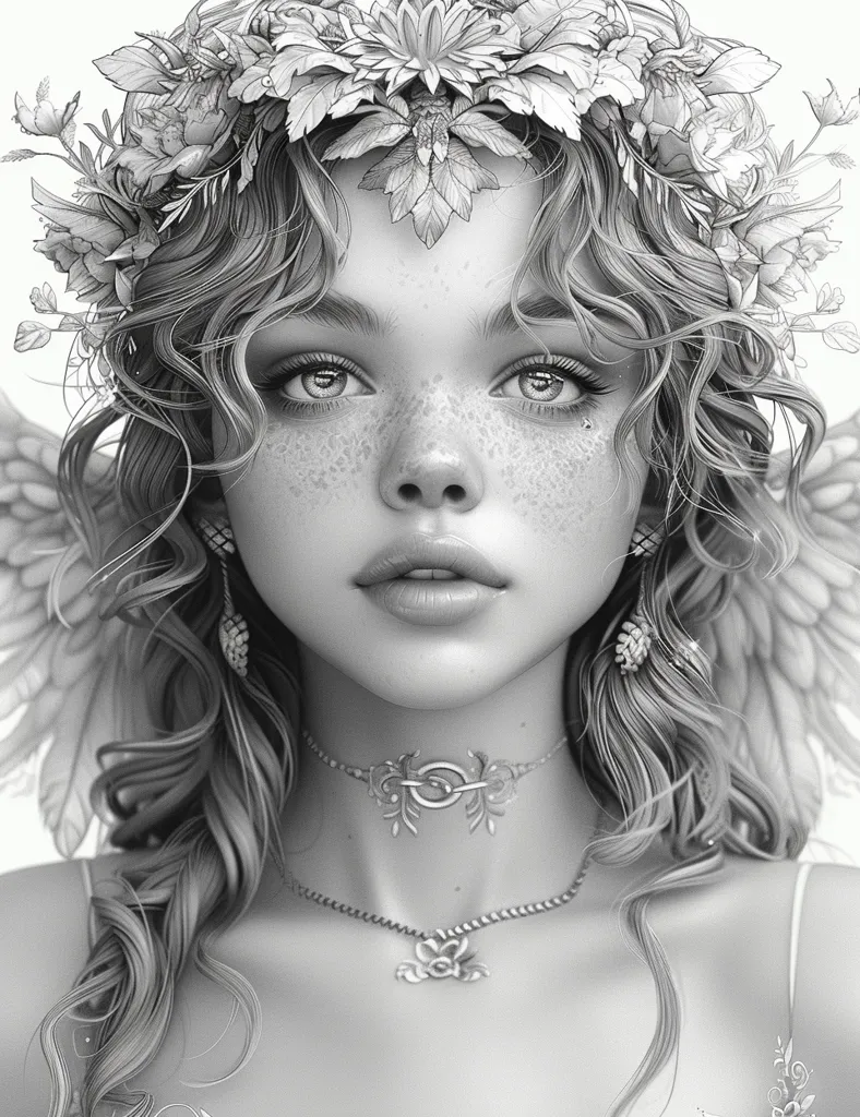 cute caramel woman angel with wings on back of shoulder, black and white, shiny eyes, anime style, fantasy style, intricate details, realistic portrait drawing, coloring page, coloring book, white background --ar 100:129 --stylize 750 --v 6.0 --style raw
