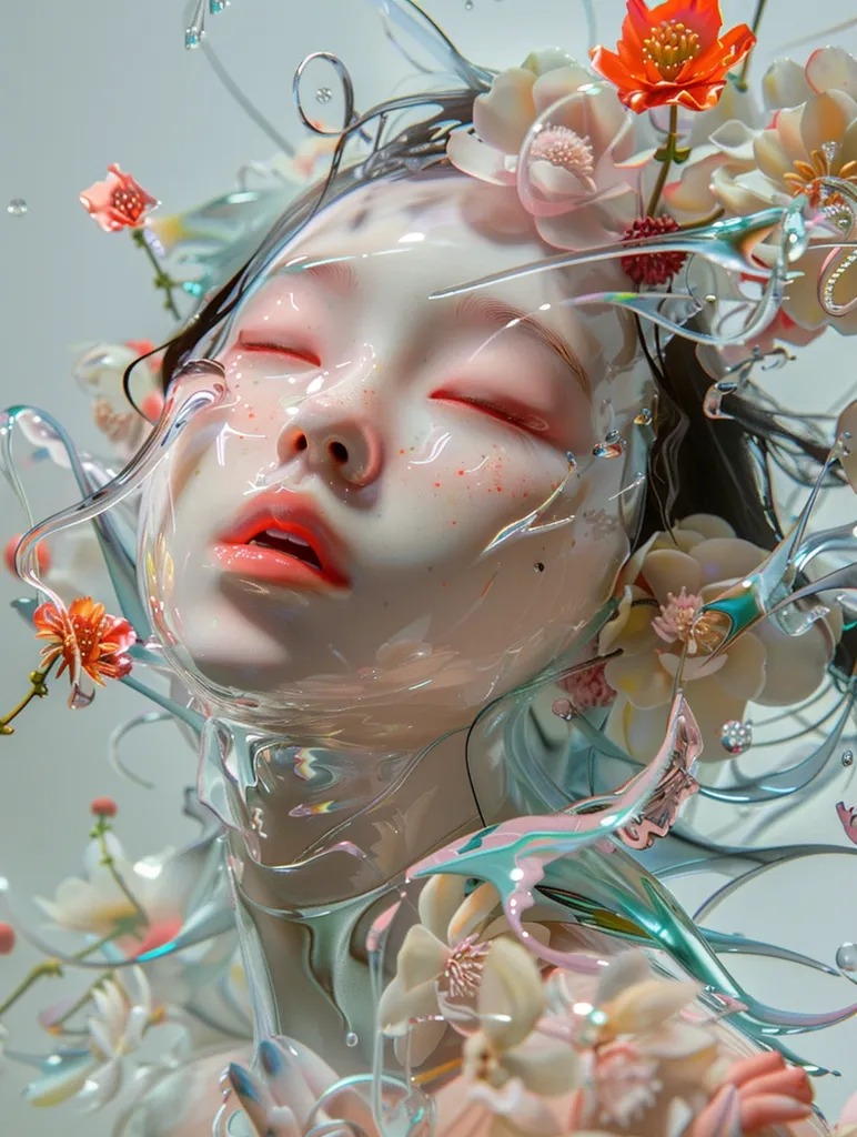 A ceramic glass material East Asian girl surrounded by flowers and energy sref https://s.mj.run/yQ-DNcS4Sfc --ar 3:4 --v 6.0