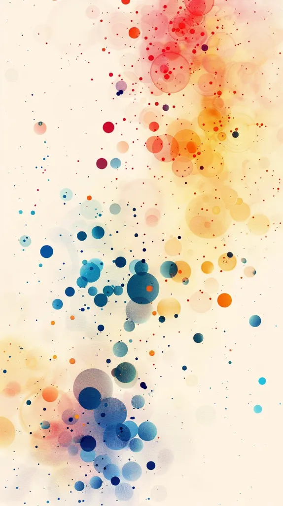 The image is an abstract painting with a light background and scattered circles in shades of blue, red, yellow, and orange. The circles are of varying sizes and transparency, creating a soft and ethereal effect. The overall impression is one of light and movement. The colors are muted and blended, creating a subtle and dreamy atmosphere. The painting is a beautiful example of abstract art, with its focus on color, form, and texture.