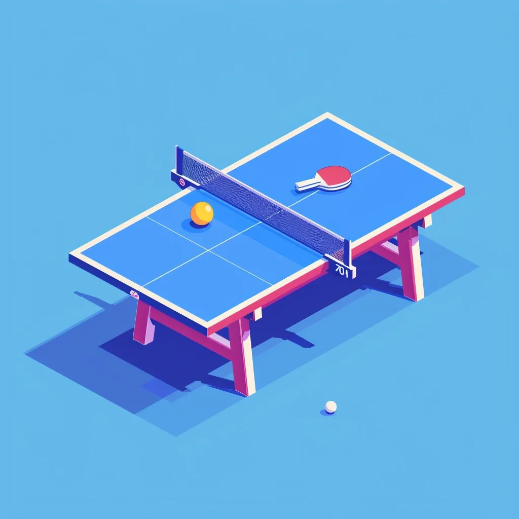 The image depicts an isometric view of a ping pong table with a net and a paddle resting on it. A yellow ball sits on the table, and a white ball lies on the blue floor. The table is red and has a blue playing surface. The image is rendered in a cartoon style.