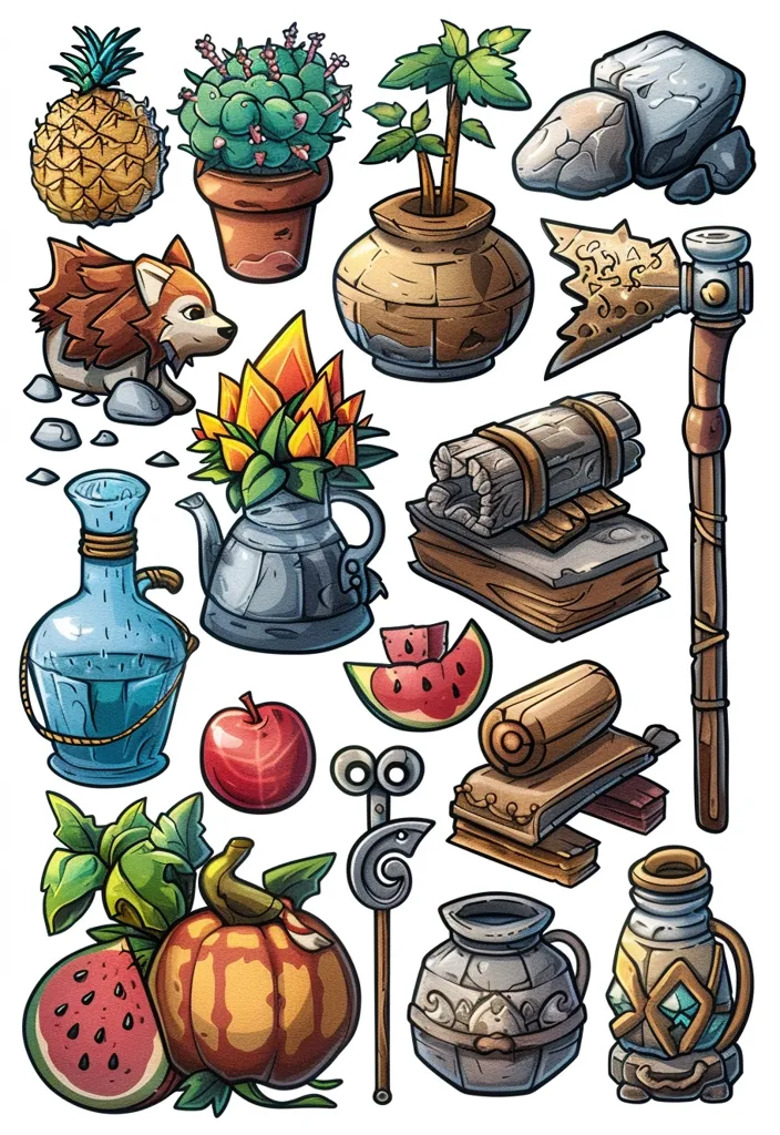 The image is a colorful cartoon illustration of various objects, including a pineapple, a cactus, a potted plant, a wolf, a teapot, a blue bottle, a watermelon, an apple, a pumpkin, a staff, an axe, a pile of books, and a stone pot. The objects are arranged in a random order, and they all appear to be part of a fantasy or adventure setting.  The image is playful and whimsical, and it suggests a sense of exploration and discovery.