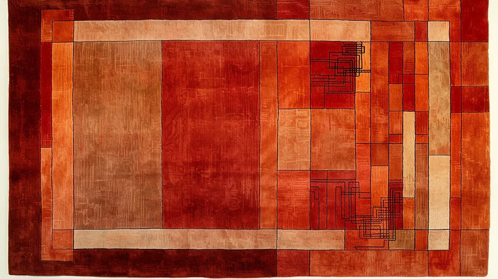 The image shows a rug with a geometric pattern. The rug is made up of various shades of red, orange, and beige. The geometric pattern is made up of squares and rectangles. The rug has a  border of a darker shade of red. The rug has a  textured surface that makes the design stand out. The image seems to have a modern or minimalist aesthetic.