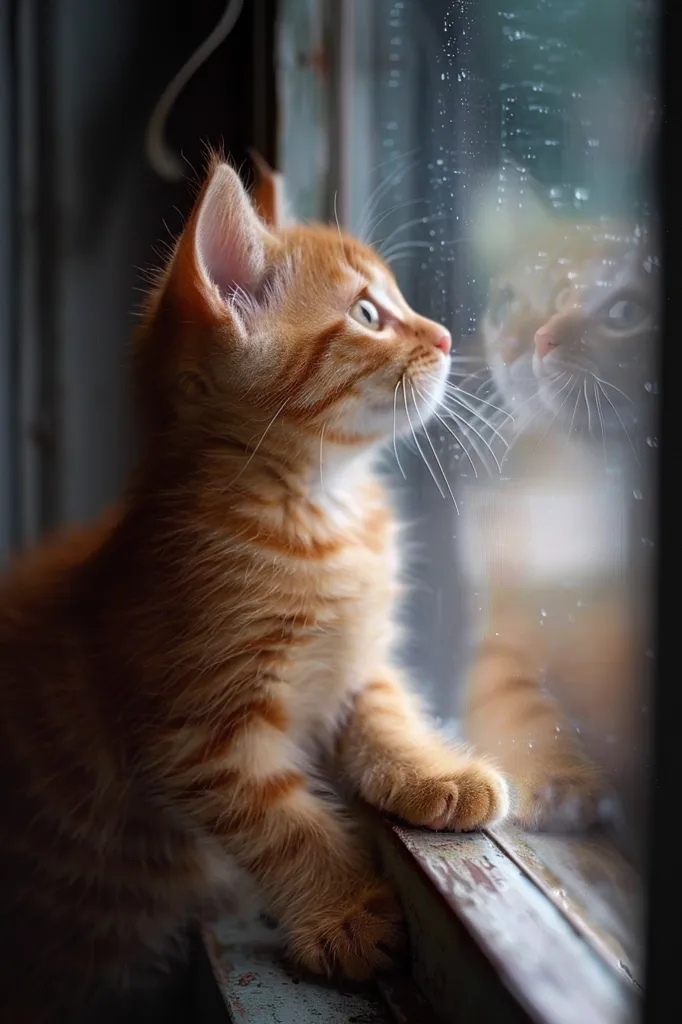 A ginger kitten sits on a windowsill, gazing out at the rain-streaked window. The kitten's reflection is visible in the glass, creating a symmetrical image. The soft fur, curious eyes, and gentle pose convey a sense of quiet contemplation. The muted tones of the background emphasize the kitten's bright orange fur. The overall image is one of peaceful observation and anticipation.