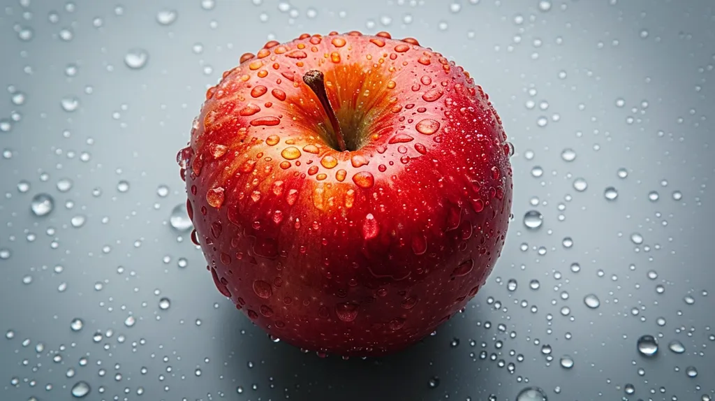 A bright red apple, glistening with water droplets, sits on a gray surface. The apple is perfectly round and smooth, with a small stem protruding from the top. The water droplets are evenly distributed across the apple's surface, creating a shimmering effect. The background is out of focus, with only a few water droplets visible.  The apple appears fresh and juicy.