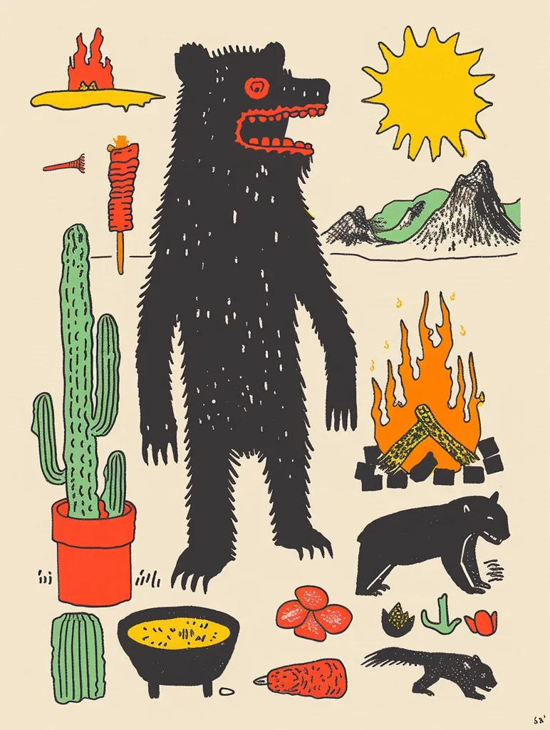 The illustration depicts a black bear standing tall in a desert landscape. The sun shines brightly in the sky, casting a warm glow over the scene. A small fire burns brightly, and a cactus stands tall in a pot. There are also small animals, red flowers, and other desert objects scattered throughout the scene, creating a whimsical and playful atmosphere. The overall feel is one of warmth, sunshine, and a hint of wilderness.