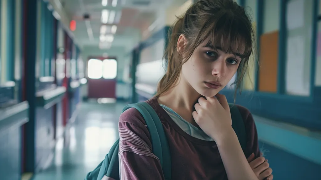 A young woman with long brown hair and bangs stands in a school hallway, looking thoughtfully at the camera.  She is wearing a maroon shirt and a blue backpack. The hallway is empty and the lighting is soft, creating a mood of quiet introspection.  She looks slightly troubled, perhaps contemplating a difficult decision.  The overall image is one of youthful contemplation and uncertainty.