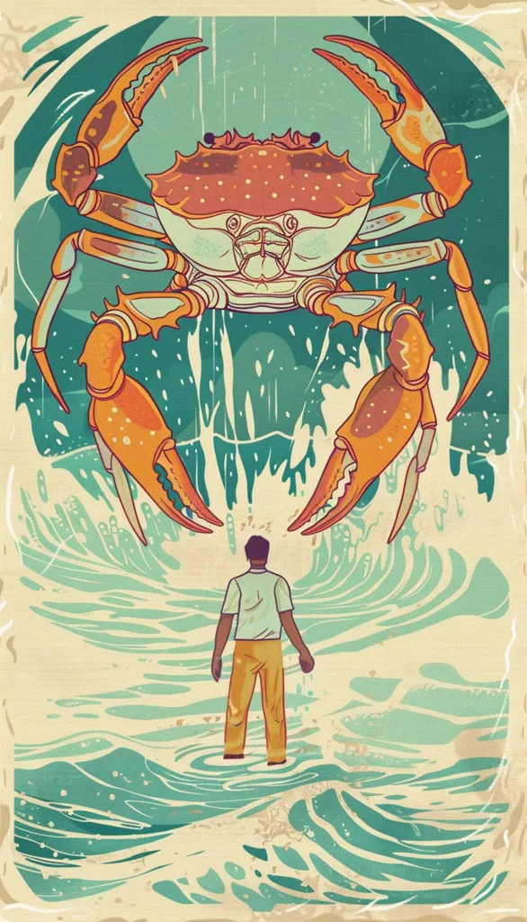 A large crab with orange claws and a green and orange shell stands on its hind legs, towering over a person standing in the shallows of a beach. The waves around them are depicted in a swirling pattern of light blue and green, and the sky above is a light blue and green color with faded spots of red and orange. The overall image has a retro feel and gives off a whimsical and slightly eerie vibe.