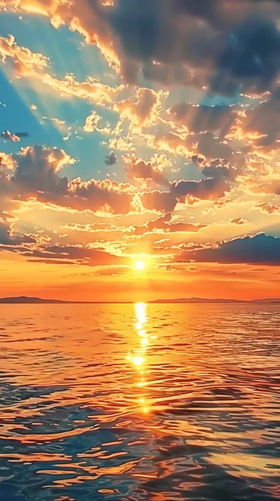 The image depicts a breathtaking sunset over a calm sea. The sky is ablaze with vibrant hues of orange, yellow, and pink, with fluffy clouds reflecting the warm glow. The sun, just below the horizon, casts a golden path across the water, creating a mesmerizing spectacle. The gentle ripples on the surface catch the light, adding to the beauty of this serene scene.