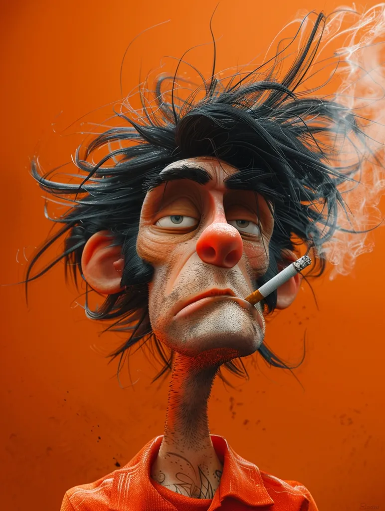 The image shows a cartoon character with a long neck and messy black hair, wearing an orange polo shirt. His face is drawn in a caricature style with a large nose and  deep-set eyes. He is holding a cigarette in his mouth and smoke is coming out of his nose. The background is a solid orange color. The overall style of the image is humorous and exaggerated.