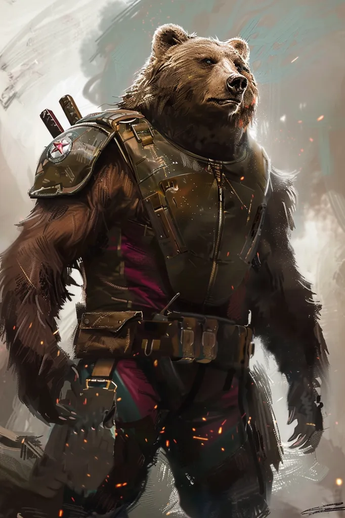 The image depicts a large, brown bear in a futuristic military uniform.  He is clad in dark green armor, a red and burgundy undersuit, and a belt with utility pouches. He is armed with two swords, one on each side of his back, and his fierce, intelligent eyes are focused on the viewer. A red star emblem is prominent on his armor. The background is blurred and indistinct, suggesting a gritty, urban environment.