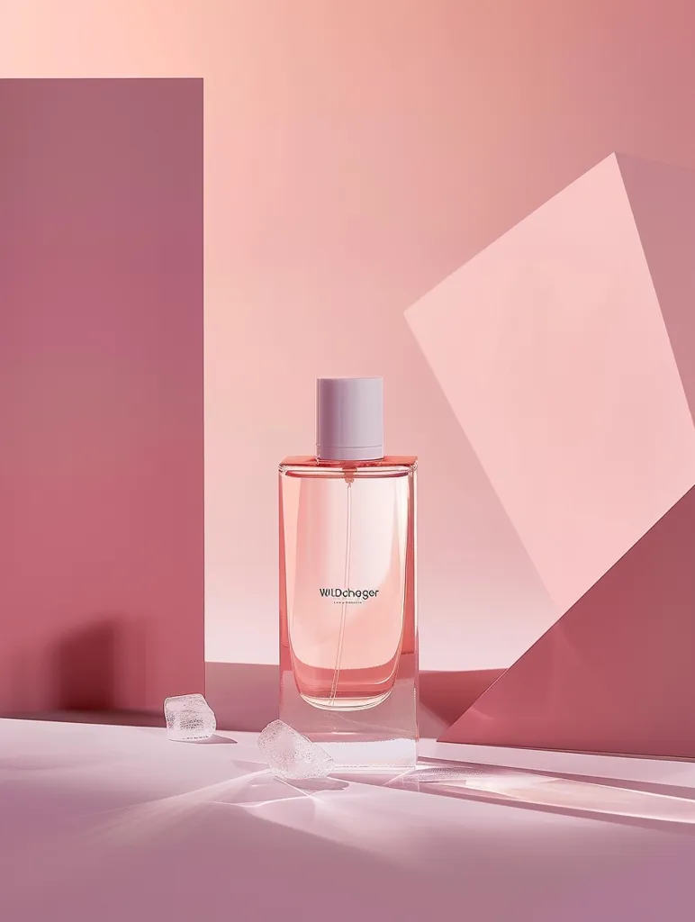 A glass bottle of perfume with a pink liquid sits on a white surface. The bottle has a white cap and a black label that reads "Wildchager" in a simple font. The background is a soft pink color with geometric shapes. The image has a minimalist aesthetic.