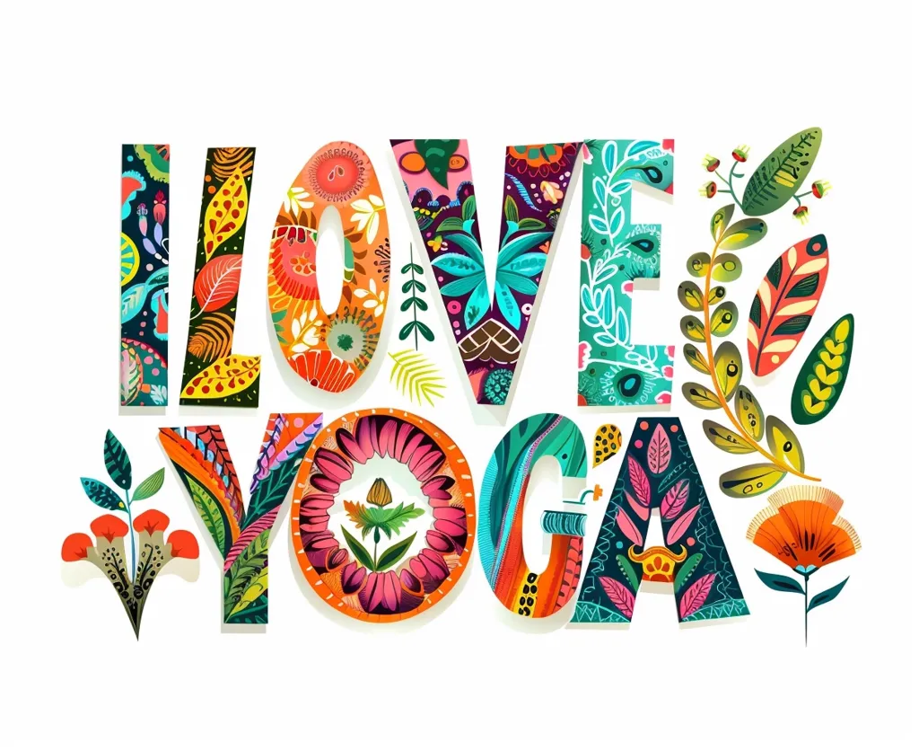 The image depicts the phrase "I Love Yoga" in bold, colorful letters. Each letter is adorned with intricate floral patterns, featuring leaves, flowers, and swirls in a vibrant palette of reds, oranges, yellows, blues, greens, and purples.  The intricate design creates a visually captivating and energetic statement about the love for yoga.