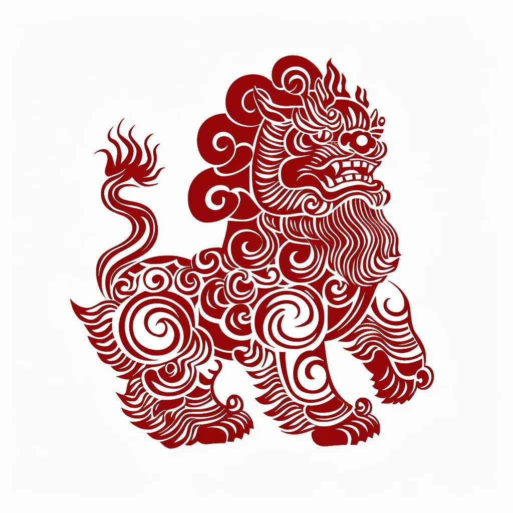 The image depicts a red, stylized Chinese lion in a detailed, swirling design. Its mane, body, and tail are intricately woven with swirling patterns, creating a sense of movement and energy. The lion's face is fierce, with a wide-open mouth and sharp teeth, signifying strength and protection. The image is likely a symbol of good luck and prosperity in Chinese culture.