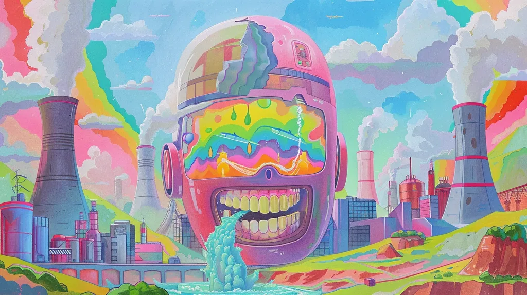 A giant, pink, smiling robot head dominates the center of the image, set against a background of vibrant, pastel-colored clouds and a futuristic cityscape. The robot's face is melting, dripping with colorful goo. Its teeth are sharp and white, and its eyes are a swirling vortex of rainbows. The cityscape is filled with factories and smokestacks spewing out pollution, creating a sense of both beauty and decay.