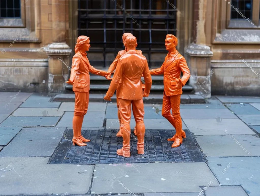 Four orange sculptures of people stand in a circle on a cobbled street. The figures appear to be in a formal pose, with their hands clasped. The sculptures are brightly colored against the neutral background of the stone building.  The scene is both simple and striking.