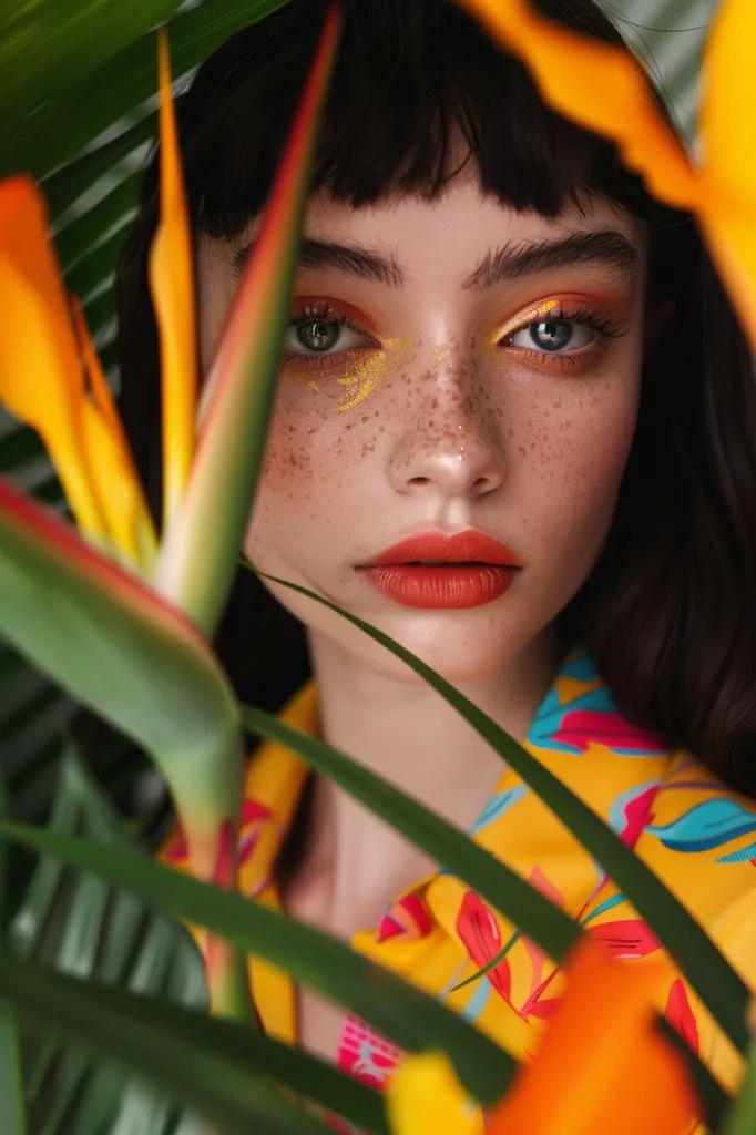 A young woman with dark hair and freckled skin looks directly at the camera. She wears bold eye makeup with gold accents and bright red lipstick. Lush green leaves frame her face, obscuring part of her features. The image is vibrant and captures a sense of beauty and confidence.