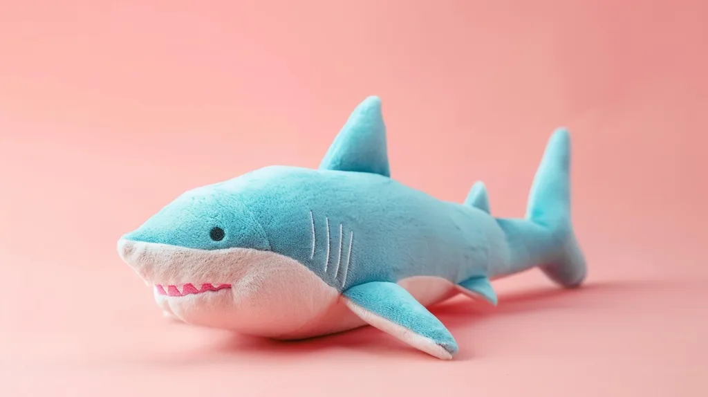 A soft, blue plush shark lays on a pink background.  It has a white underbelly with pink stitched teeth and a black eye. The shark's dorsal fin is prominent, with its tail fin extending behind it.  Its soft fur makes it a cuddly toy.