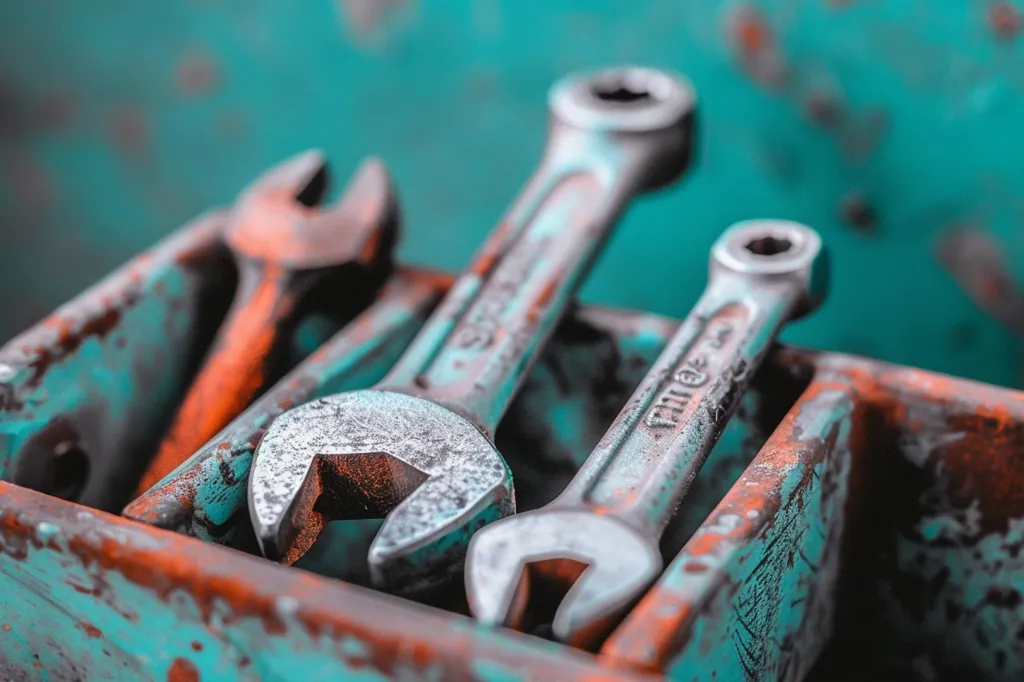 Three wrenches rest in a rusty, turquoise-colored toolbox. The wrenches are worn and have a faded silver finish. The largest wrench is in the center of the image, with the other two on either side. The focus is on the largest wrench. The background is blurry, but you can see some peeling paint and rust.  The image creates a sense of age and use.