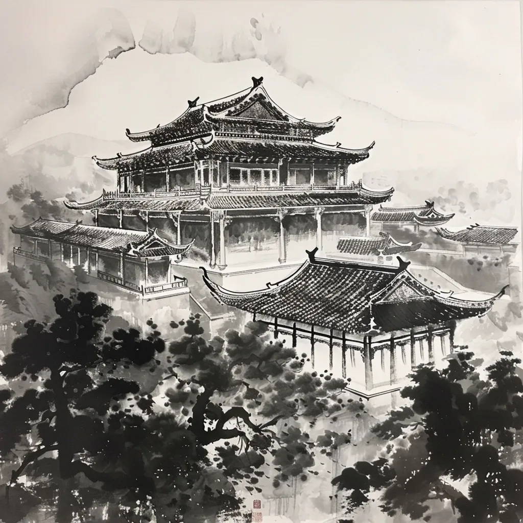 A black and white ink wash painting depicting a traditional Chinese temple complex, nestled amidst a mountainous landscape. The temple, with its intricate rooflines and open structures, appears serene and majestic. The surrounding trees are rendered with delicate strokes, creating a sense of depth and tranquility. The artwork exhibits the artist's mastery of ink wash techniques, capturing the essence of the scene with subtle gradations of gray.