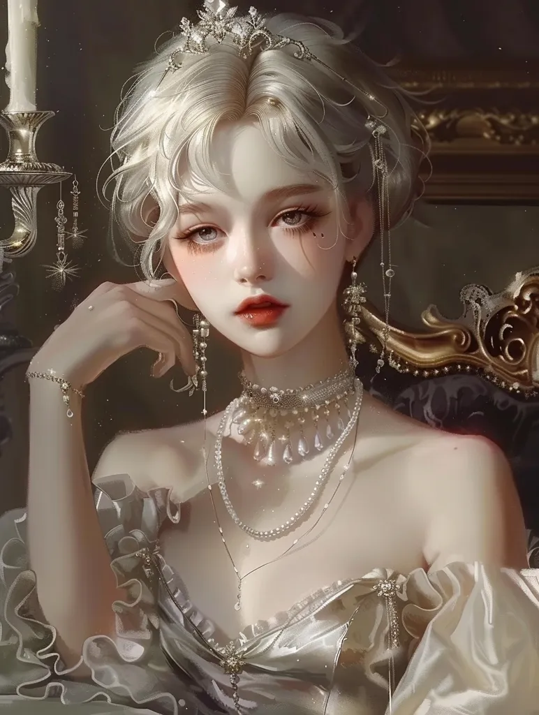 The image depicts a beautiful, fair-skinned woman with long, platinum blonde hair styled in an elaborate updo. She is adorned with a delicate tiara and several pearl necklaces. She has a soft, delicate look and wears a flowing white gown with a low neckline, suggesting a sense of elegance and refinement. The image evokes a sense of royalty and grace.