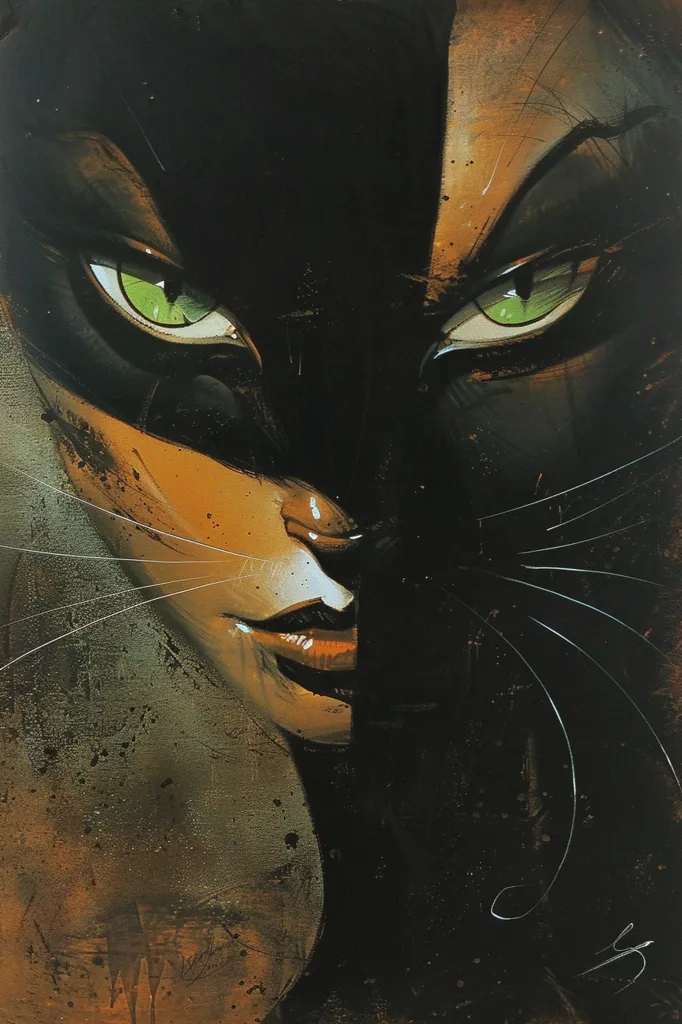 The image is a close-up portrait of a woman with cat-like features. Her face is half-shadowed and half-lit, with one eye looking directly at the viewer. The woman's face is covered in intricate details, including a sharp nose, bright green eyes, and a full, red mouth. The background is a mixture of dark and light tones, adding depth and mystery to the portrait. The woman's piercing gaze and feline features create an intriguing and alluring image.