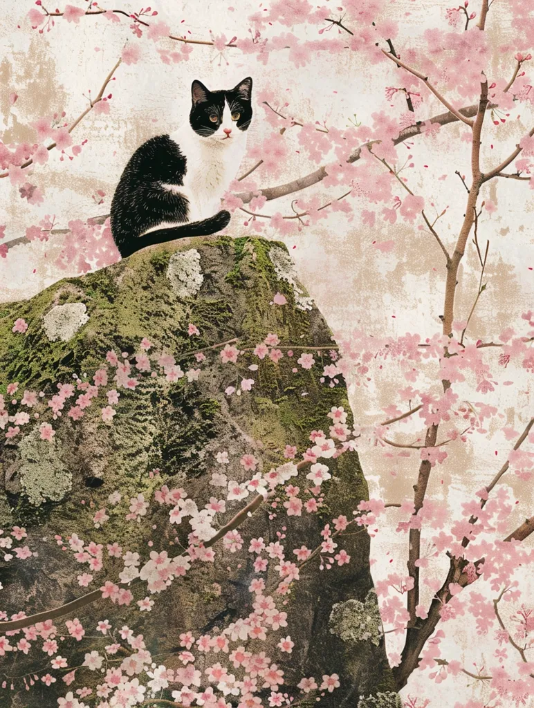 A black and white cat sits on a moss-covered rock, looking out towards a backdrop of blooming pink cherry blossoms. The image is stylized, with a soft, watercolor-like texture and a blurred background, creating a serene and idyllic atmosphere. The cat's calm demeanor and the delicate beauty of the flowers evoke a sense of peace and tranquility.