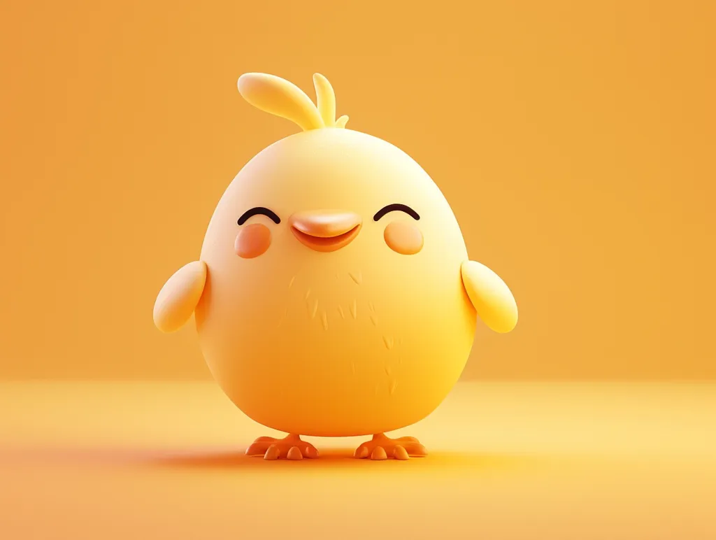 A 3D rendering of a cheerful yellow chick with a big smile and closed eyes. The chick has a rounded body, small wings, and tiny legs. It is standing on a solid orange background, creating a simple and playful image. The chick's bright color and joyful expression evoke feelings of happiness and innocence.