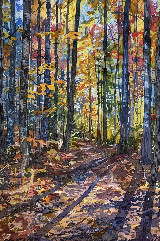 A watercolor painting depicts a forest path in the fall. The trees are tall and slender, with their leaves in shades of red, orange, and yellow. The path is covered in fallen leaves, and the shadows of the trees stretch long and dark across the ground. The sunlight filters through the trees, creating a dappled pattern of light and shade. The artist has captured the beauty and peacefulness of a forest in autumn.