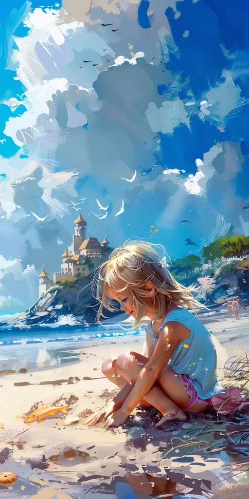 A young girl with blonde hair sits on a sandy beach, playing with a small fish. The girl is wearing a light blue tank top and pink shorts. The beach is next to a turquoise ocean and a large, imposing castle built on a rocky outcropping. The sky is a vibrant blue with fluffy white clouds and birds flying overhead. The image is rendered in a painterly style with a soft focus and a warm color palette.