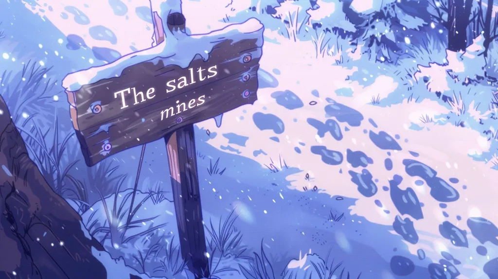 A wooden signpost, partially covered in snow, points towards "The salts mines". The signpost is set against a snowy, wintery landscape with blue tones and a few sparse trees. The scene is serene and slightly melancholic, evoking a sense of isolation and the harsh beauty of winter. The snowfall adds to the atmosphere of quiet solitude.