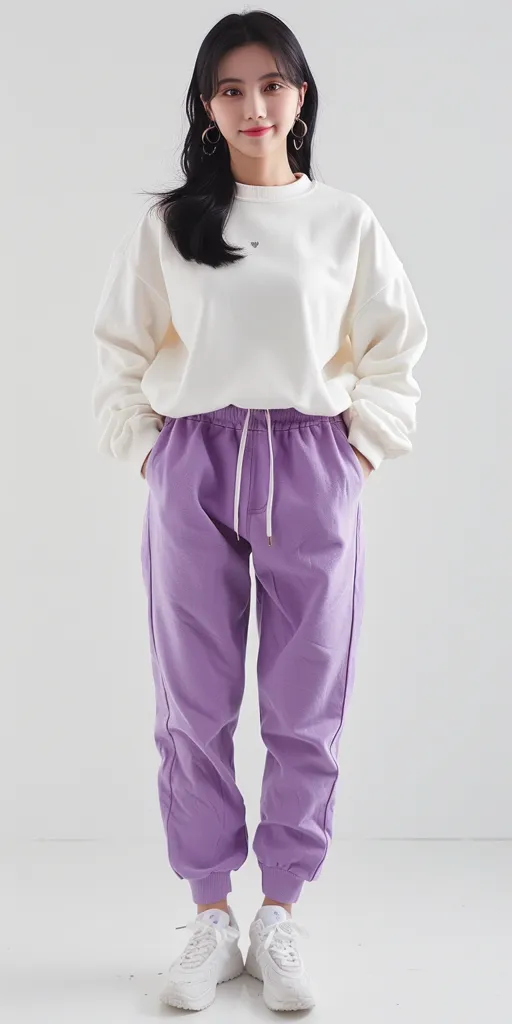 A young woman with long black hair is wearing a white sweatshirt and purple sweatpants. She is standing in front of a white background. Her white sneakers and a small heart on her sweatshirt add a touch of cuteness to her casual outfit.