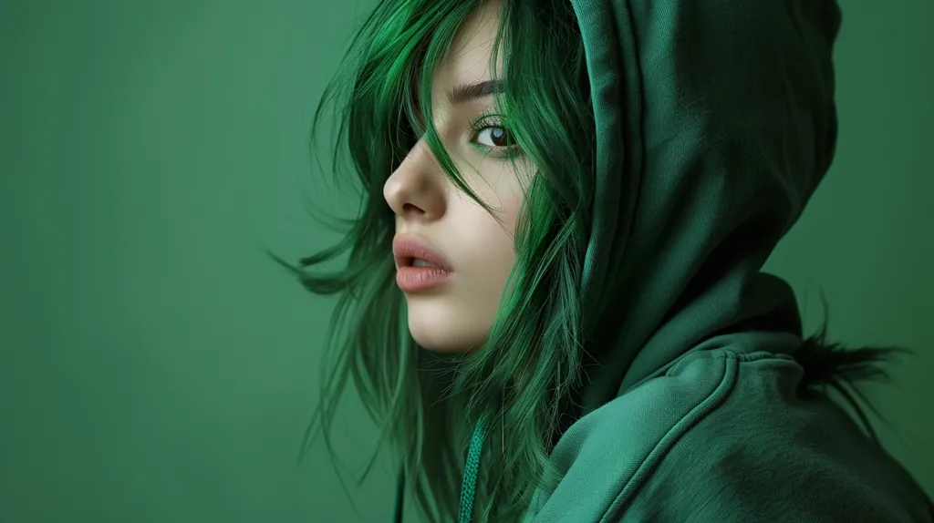 A young woman with bright green hair, wearing a green hooded sweatshirt, looks over her shoulder towards the right. Her hair is styled in a long, wavy fashion, framing her face and partially obscuring her left eye. The background is a solid green. The image creates a moody and atmospheric feel, suggesting a sense of mystery or introspection.