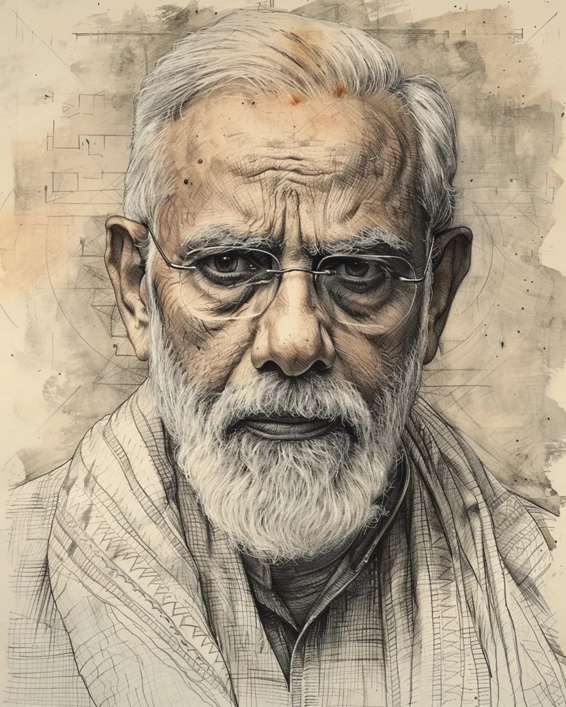 A detailed pencil drawing of an older man with a white beard and glasses. He is looking directly at the viewer with a serious expression. He is wearing a simple, light-colored shirt. The drawing is done in a realistic style and captures the man's wrinkles and lines. The background is a light brown and beige, with faint geometric shapes that create a sense of depth. The drawing is likely a portrait of a prominent figure.