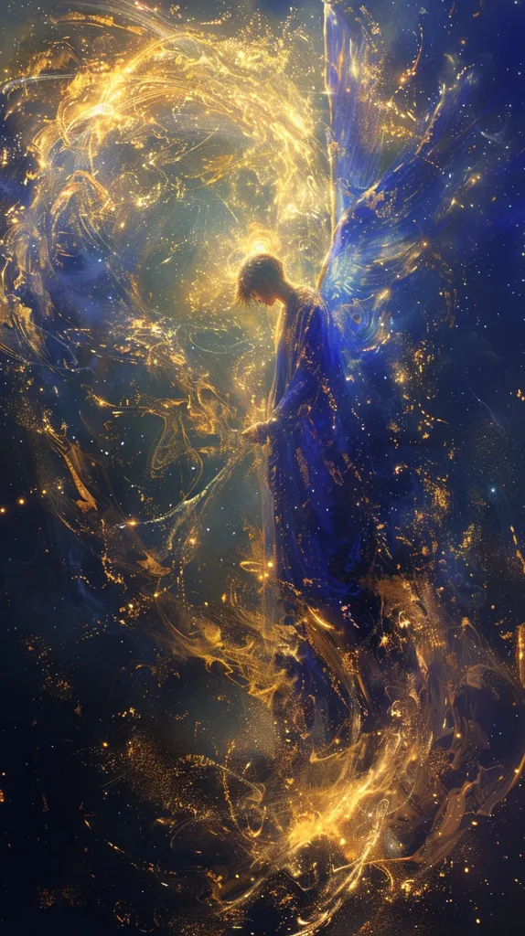 A celestial being with large, blue wings stands within a swirling vortex of gold and blue light.  The being is cloaked in a flowing robe and the background is filled with glittering stars.  The image evokes a sense of wonder and the power of the divine.