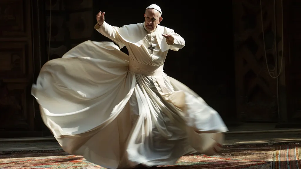 Pope Francis is shown in a white robe, his arms outstretched and his body in motion, as if he is whirling. He is standing on a colorful rug, and the background is dark and shadowy. The image conveys a sense of movement, spirituality, and a desire for peace and understanding between different religions.