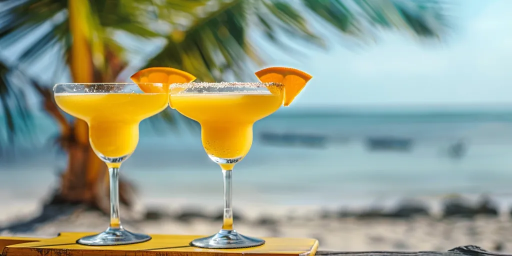 Two margarita glasses filled with a yellow liquid and garnished with orange slices sit on a wooden bar in front of a blurry ocean scene. A palm tree is partially visible in the background. The glasses are filled with a bright yellow margarita mix, creating a refreshing and tropical vibe. The scene evokes a sense of relaxation and enjoyment on a beach vacation.