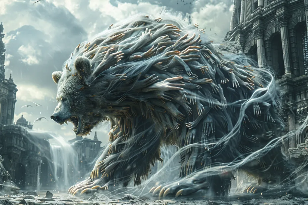 A monstrous bear-like creature made entirely of hands stands before a decaying, gothic city. The creature's fur is composed of countless hands, each reaching out in a menacing display. The city behind it is shrouded in mist, adding to the eerie atmosphere. The creature's mouth is open in a silent roar, highlighting its primal nature. The overall impression is one of power and menace.