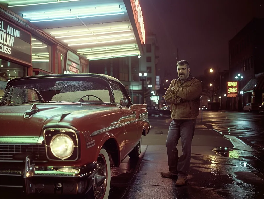 A man in a brown jacket and jeans stands with his arms crossed in front of a classic red car parked on a wet city street at night. The car is a 1950s model with chrome trim and a large, round headlight. The street is lined with buildings, and there are streetlights casting a yellow glow. The scene is bathed in a soft, warm light, creating a nostalgic atmosphere. The man's posture and the car's sleek lines suggest a sense of cool confidence.  The image has a vintage, film-like quality, evoking a sense of timelessness.