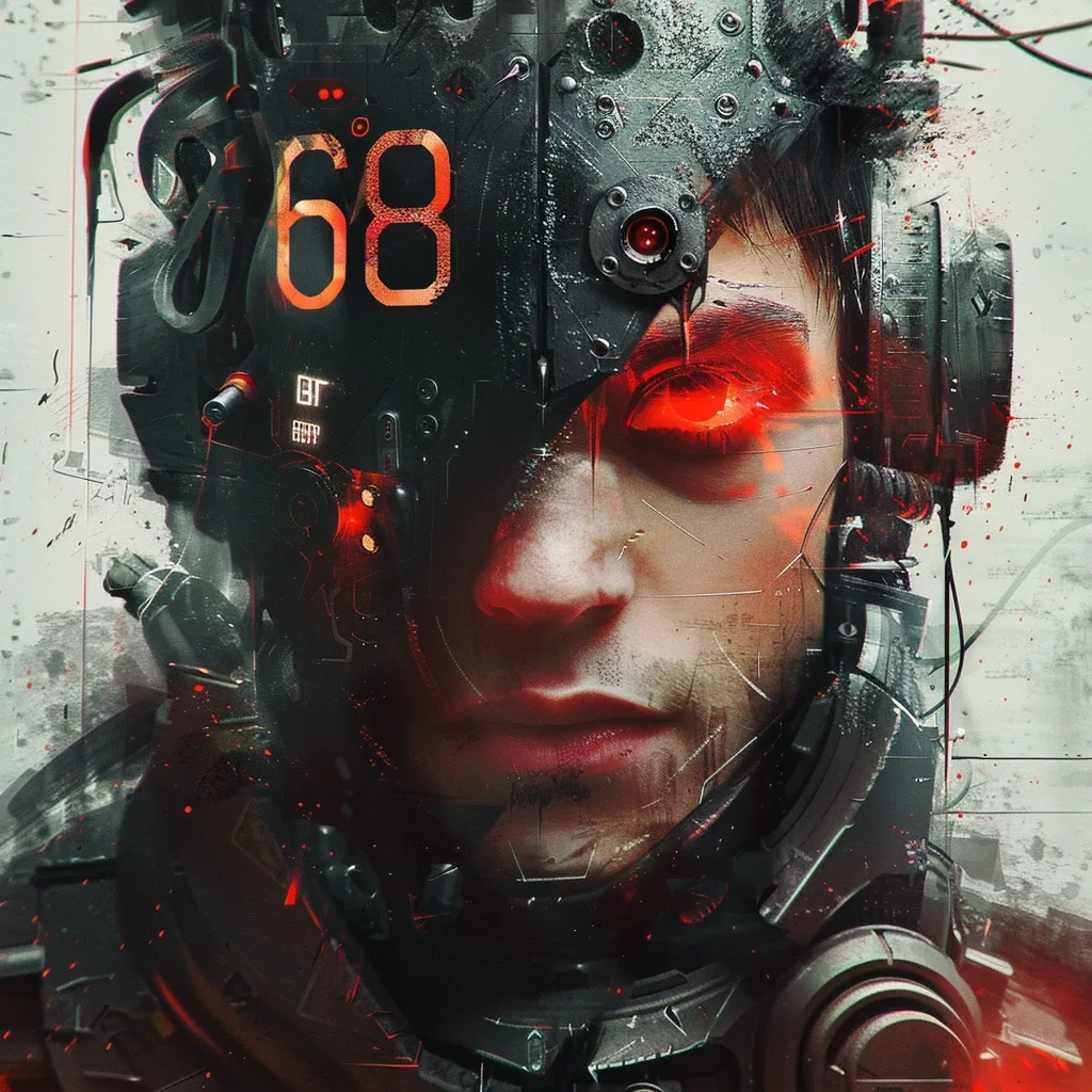 The image shows a close-up of a person's face, partially obscured by a futuristic, mechanical helmet. The helmet is covered in wires and intricate details, with a glowing red "68" prominently displayed. The person's right eye is also glowing red, creating a stark contrast against the dark metallic surfaces. The overall tone of the image is dark and mysterious, with a sense of technological advancement and potential danger. The subtle grunge texture adds a layer of depth and intrigue.