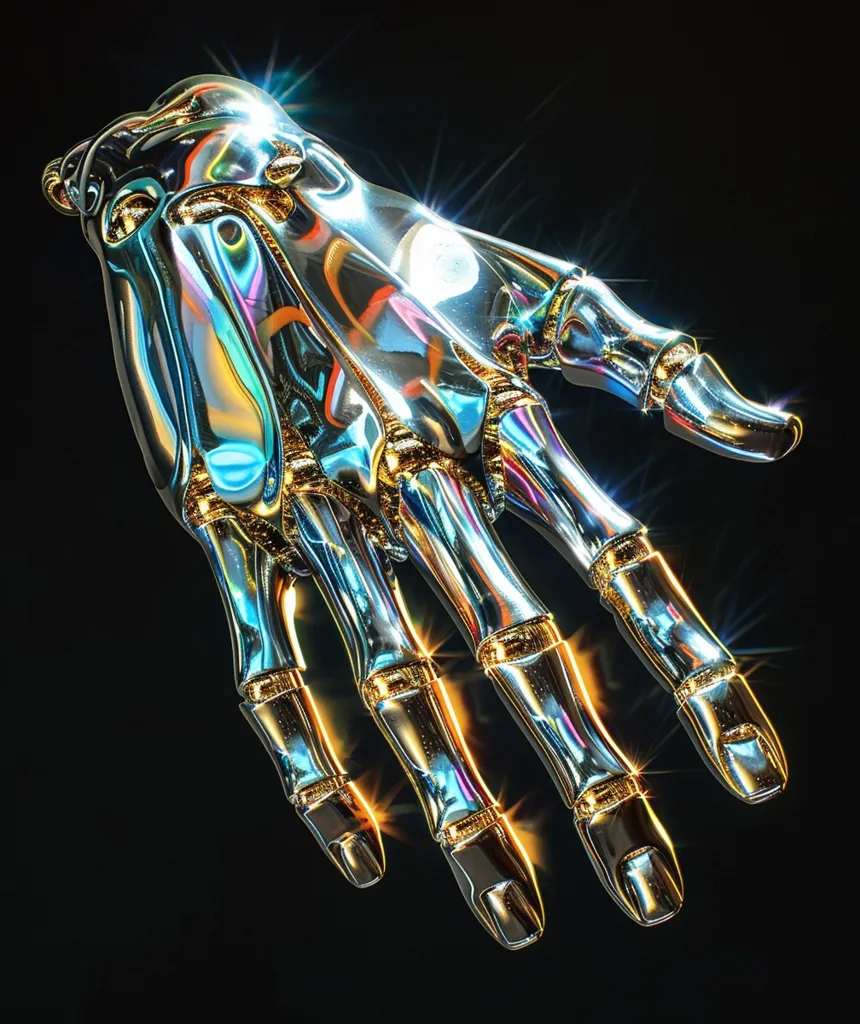 A gleaming, metallic hand, seemingly made of chrome and gold, extends its fingers outwards. Its surface is highly reflective, capturing the surrounding light in dazzling patterns. The fingers are slender and elongated, ending in sharp points. The hand appears to be an intricate piece of robotic engineering, with visible joints and details. It is illuminated by multiple bright spots of light, enhancing its futuristic aesthetic. The overall effect is both mesmerizing and slightly unsettling, hinting at a world of advanced technology and perhaps, artificial intelligence.