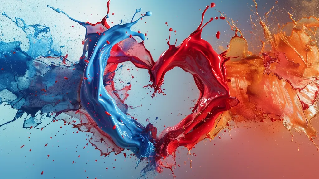 A vibrant abstract image features a heart shape formed by splashes of red and blue paint, creating a dynamic and colorful composition. The splashes are dynamic and chaotic, with the blue paint on the left and the red paint on the right forming a heart shape in the center. The background is a gradient of blue and orange, giving the image a sense of depth. The overall effect is one of energy and passion.