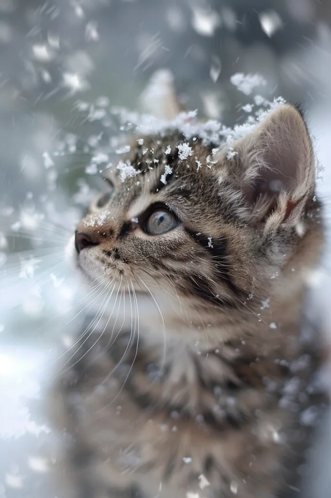 A tabby cat with bright blue eyes sits in the snow, looking up and to the left. The snowflakes fall around the cat, creating a magical and wintery scene. The cat's fur is thick and fluffy, and its whiskers are long and prominent. The overall image is soft and fuzzy, with a sense of peace and tranquility.