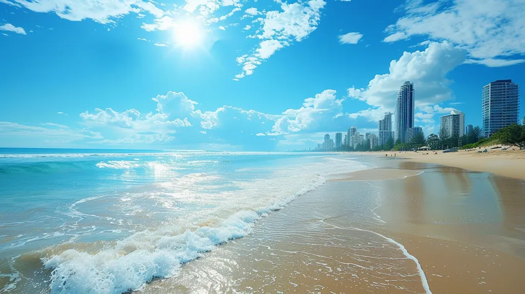 A pristine sandy beach stretches out towards a line of skyscrapers. The clear blue sky is dotted with fluffy white clouds, and the sun shines brightly. Gentle waves lap at the shore, creating a peaceful and idyllic scene. The water is a sparkling turquoise, inviting swimmers and sunbathers alike.