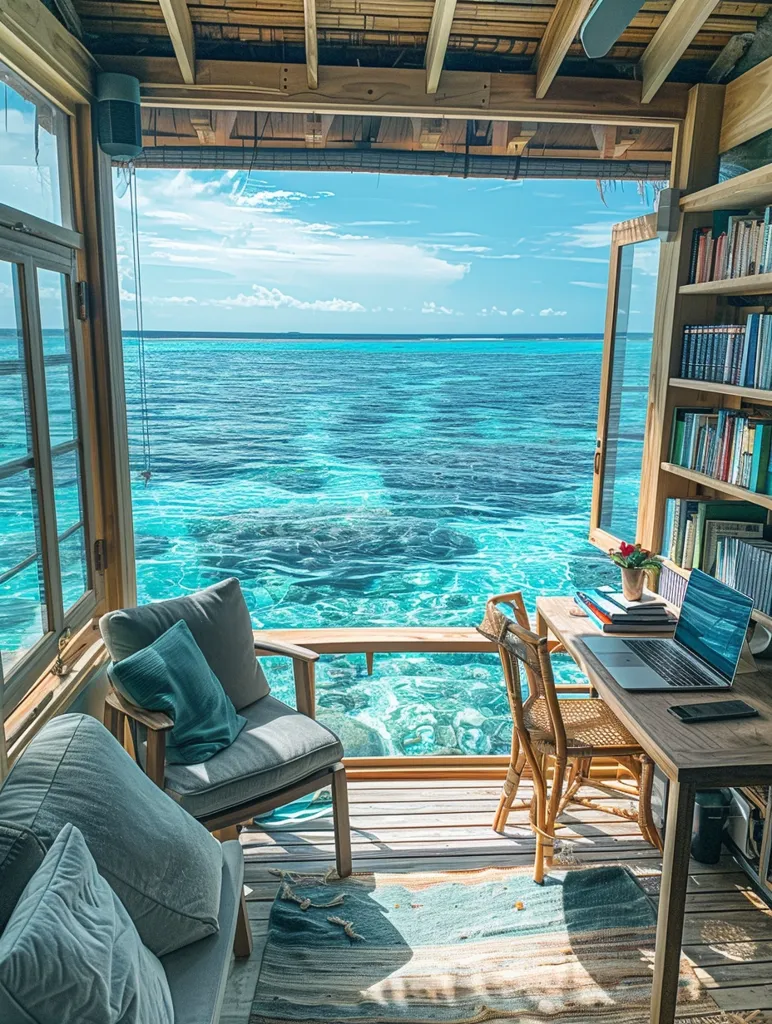 The image shows a wooden room with a large window overlooking a clear, turquoise ocean. The room is furnished with a couch, a chair, and a desk with a laptop. There is a bookshelf with many books in the corner of the room. The room is bathed in natural light, creating a serene and tranquil atmosphere. The view of the ocean provides a stunning backdrop for this cozy space.