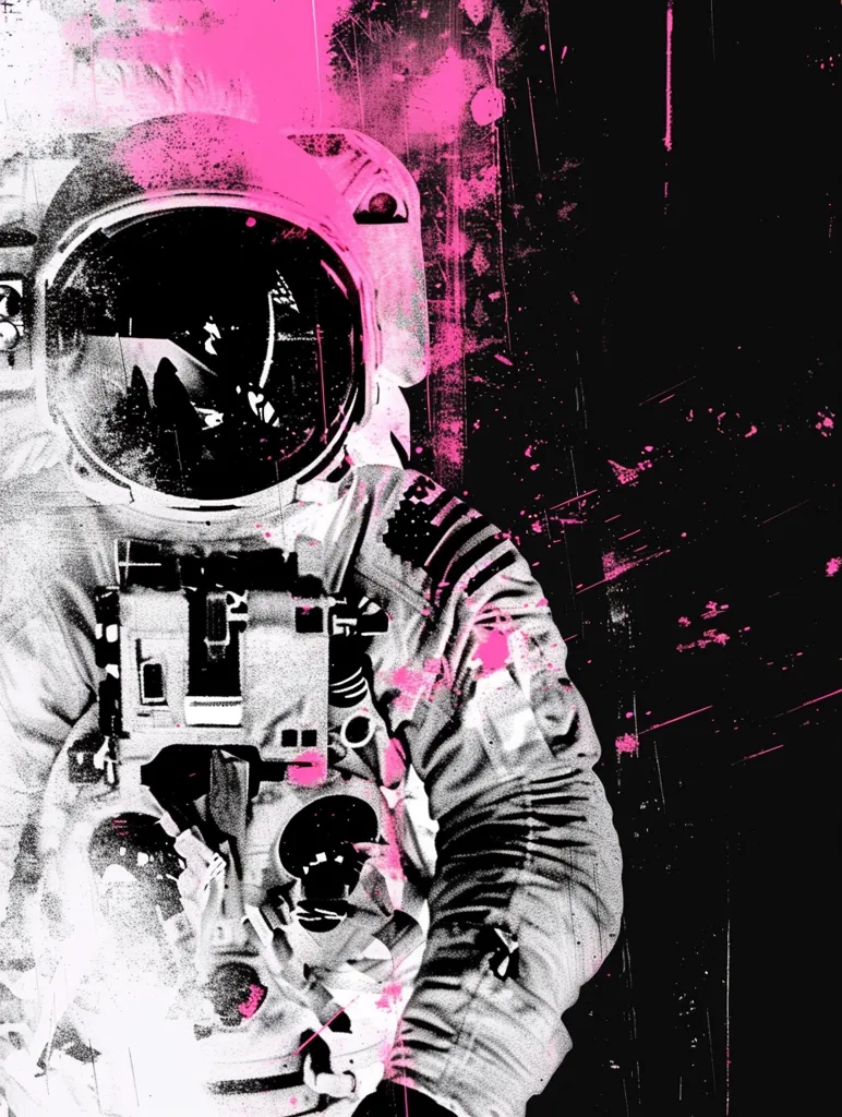 The image features a stylized astronaut in a white spacesuit, partially obscured by pink splatter paint. The background is a dark, abstract pattern with a grainy texture. The astronaut's helmet is visible, with a dark visor reflecting an unknown scene. The overall mood is gritty and futuristic, with a sense of mystery and exploration. The image is likely a digital artwork, created using graphic design techniques.